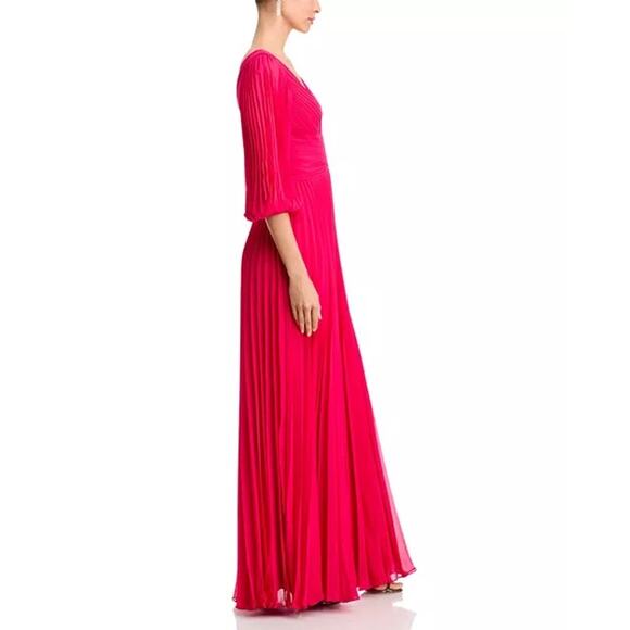 Teri Jon by Rickie Freeman Fuchsia Chiffon Pleated V-Neck Long Sleeve Gown 18 - Picture 4 of 16